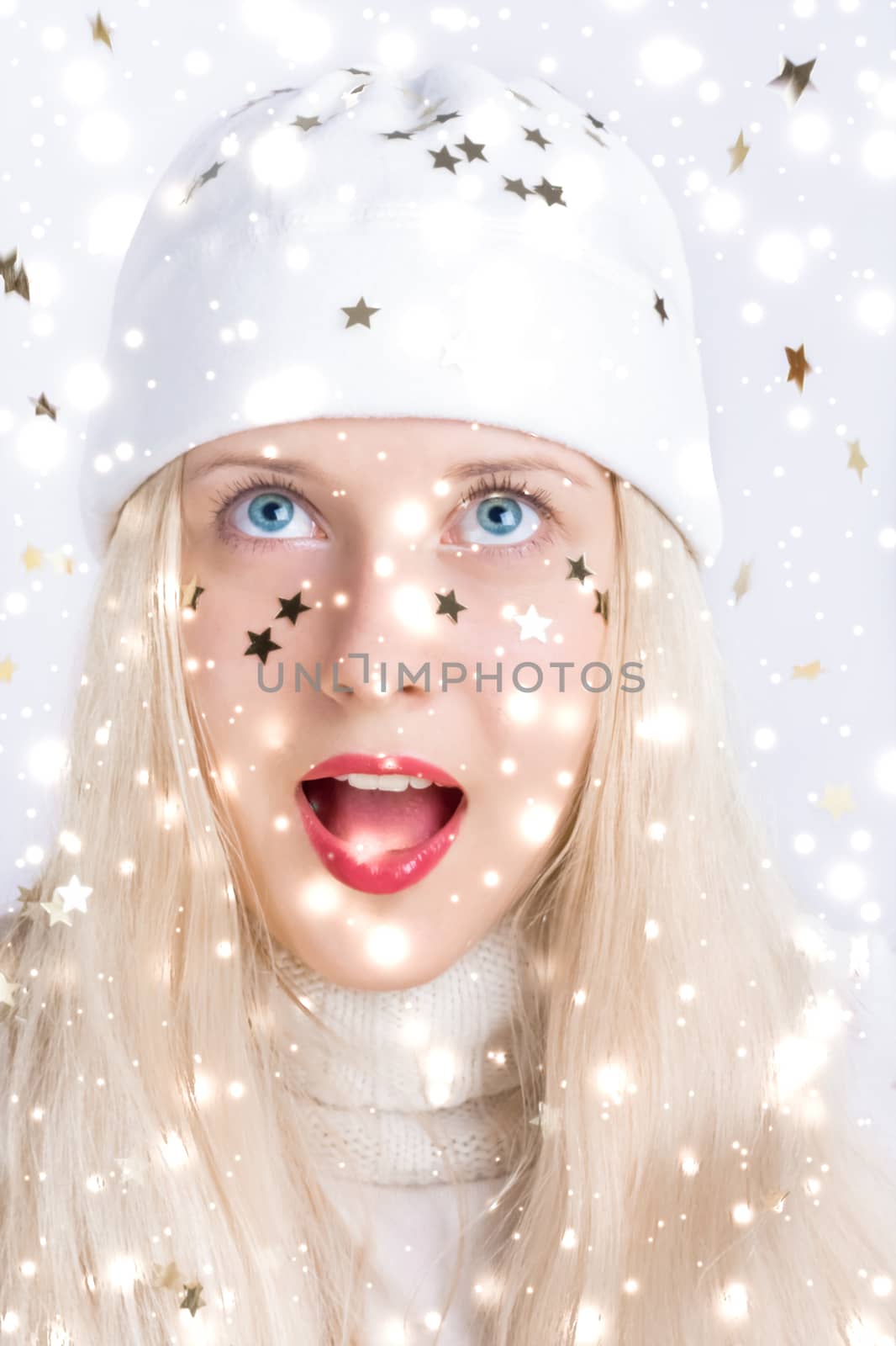 Shiny Christmas and glitter snow background, blonde woman with positive emotion in winter season for shopping sale and holiday brands