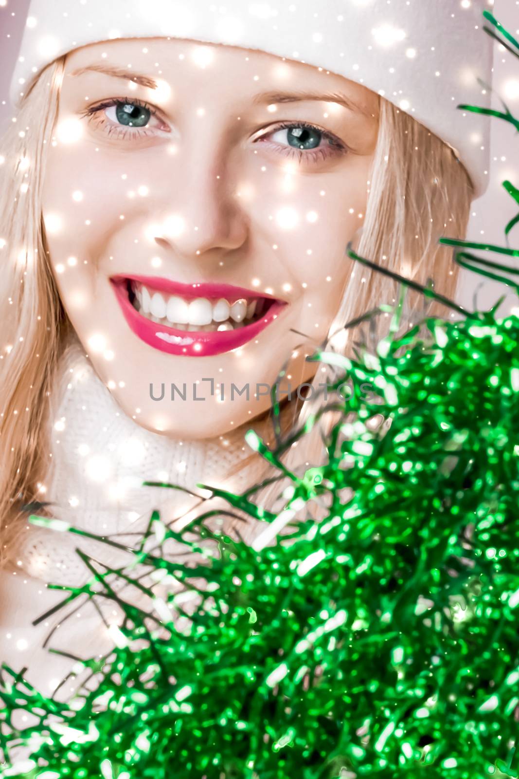 Christmas and glitter snow background, blonde woman with positive emotion in winter season for shopping sale and holiday brands