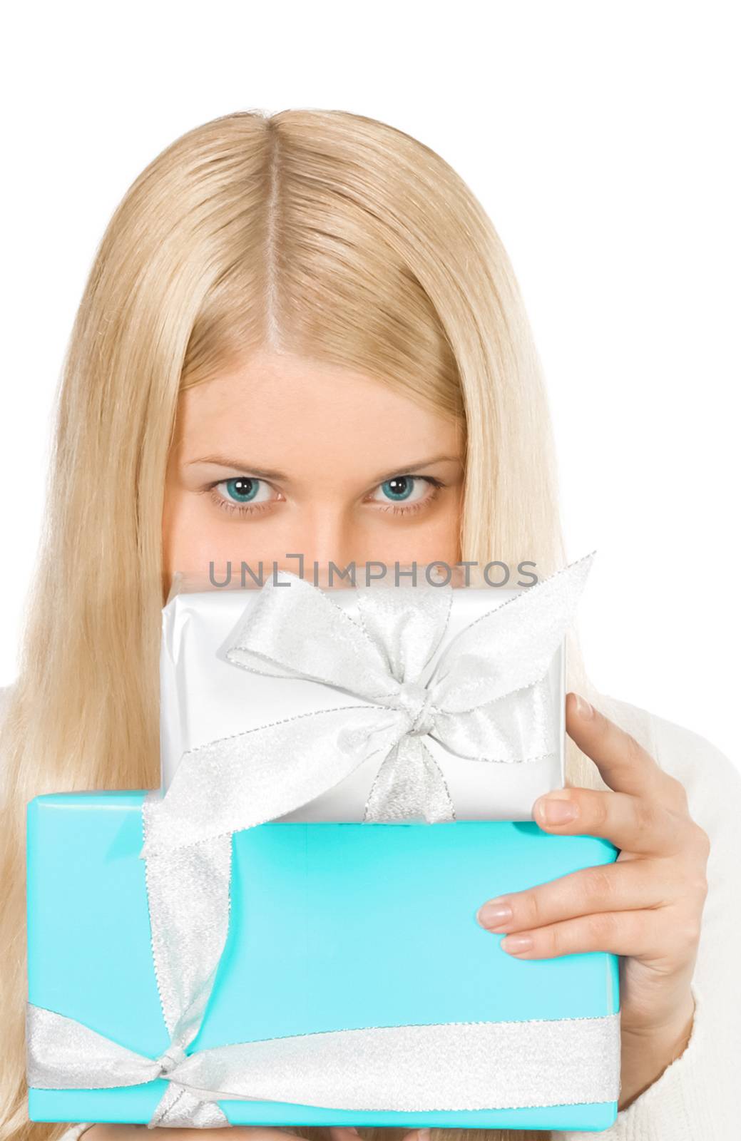 Cheerful blonde girl with gift boxes in Christmas, woman and pre by Anneleven