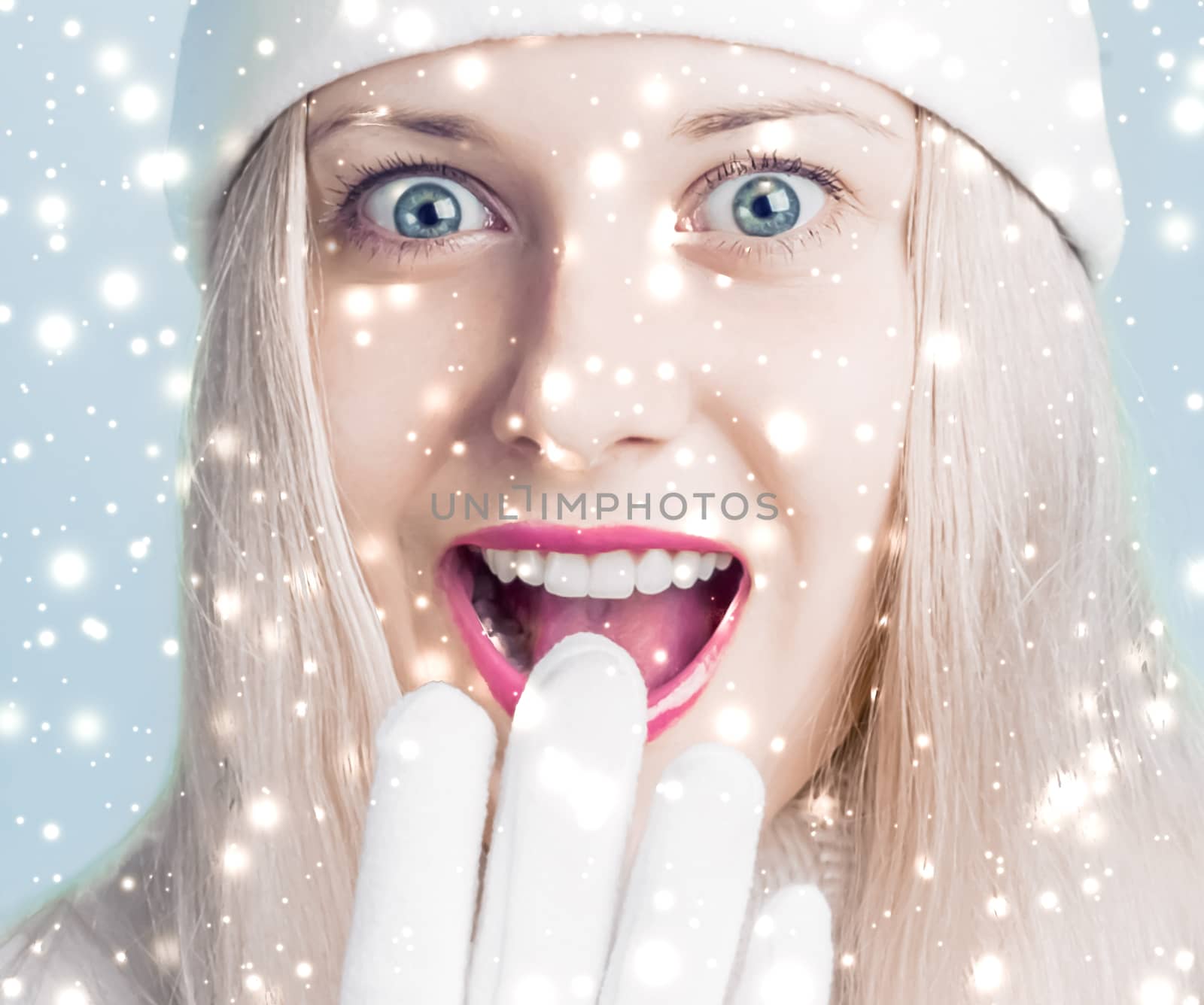 Merry Christmas and glitter snow background, blonde woman with positive emotion in winter season for shopping sale and holiday brands