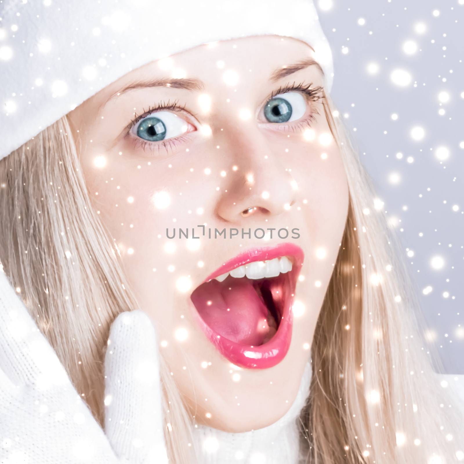 Christmas and glitter snow background, blonde woman with positiv by Anneleven