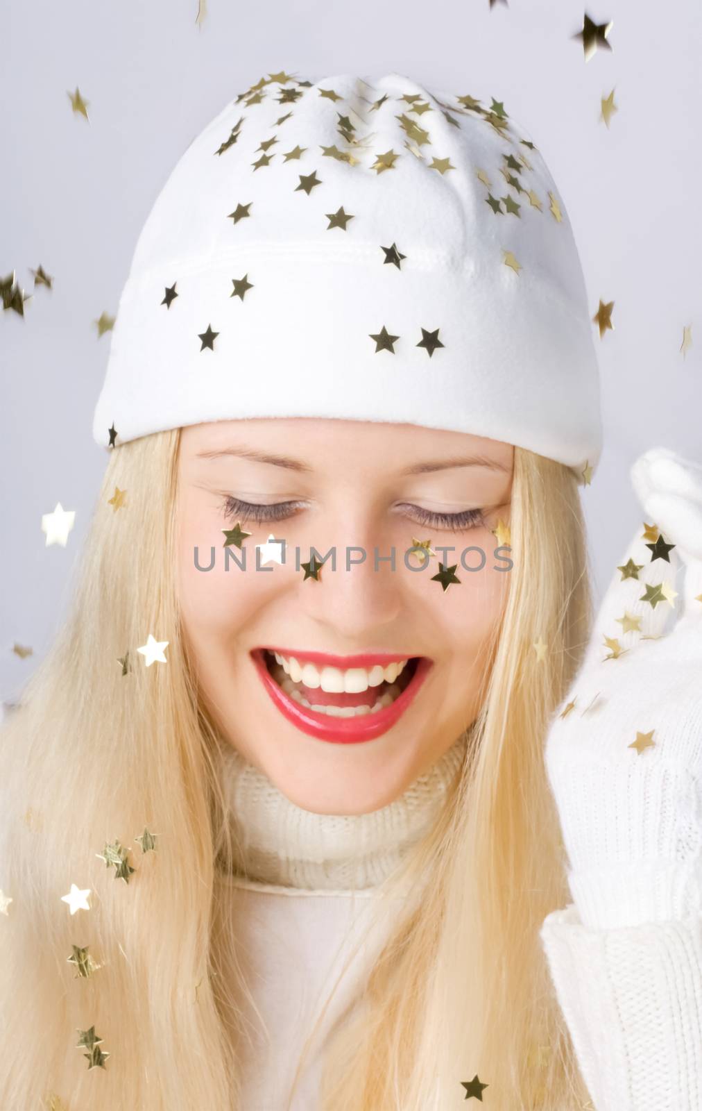 Blonde girl in Christmas time, woman with positive emotion in wi by Anneleven