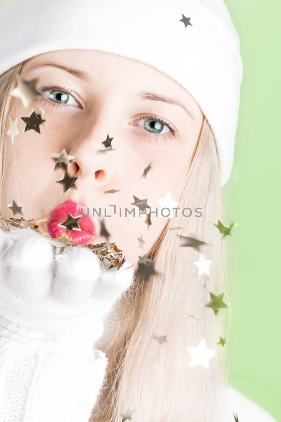 Happy blonde girl in Christmas time, woman with positive emotion by Anneleven