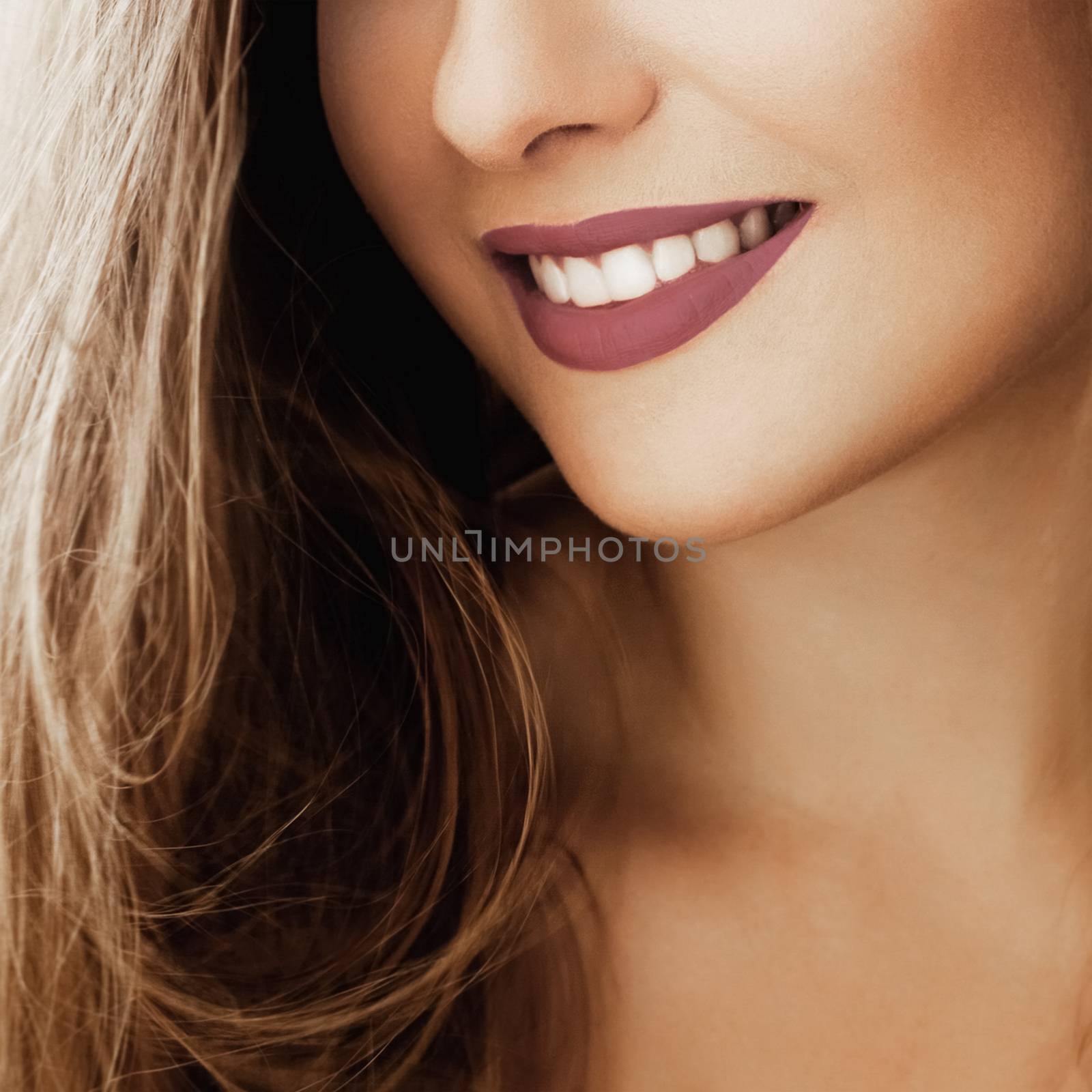 Cheerful healthy female smile with perfect natural white teeth, beauty face closeup of smiling young woman, bright lipstick makeup and clean skin for dental and healthcare brands