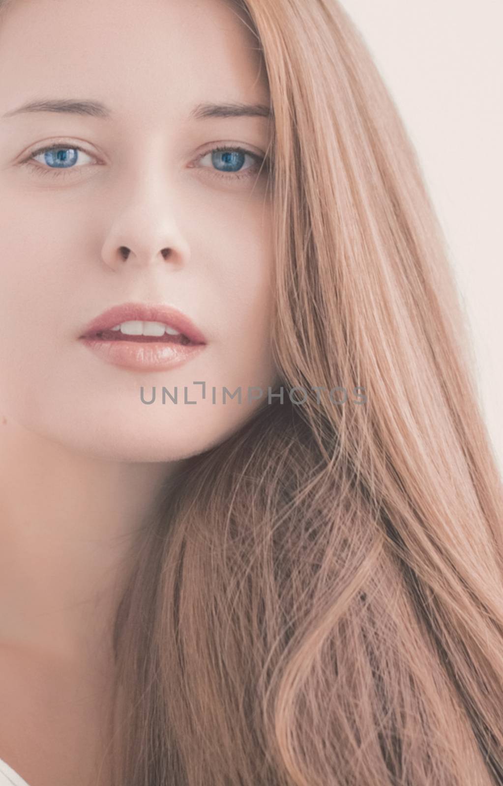 Woman as closeup beauty face portrait, young girl with natural makeup look and long hairstyle for female hair care, cosmetic or skincare brands