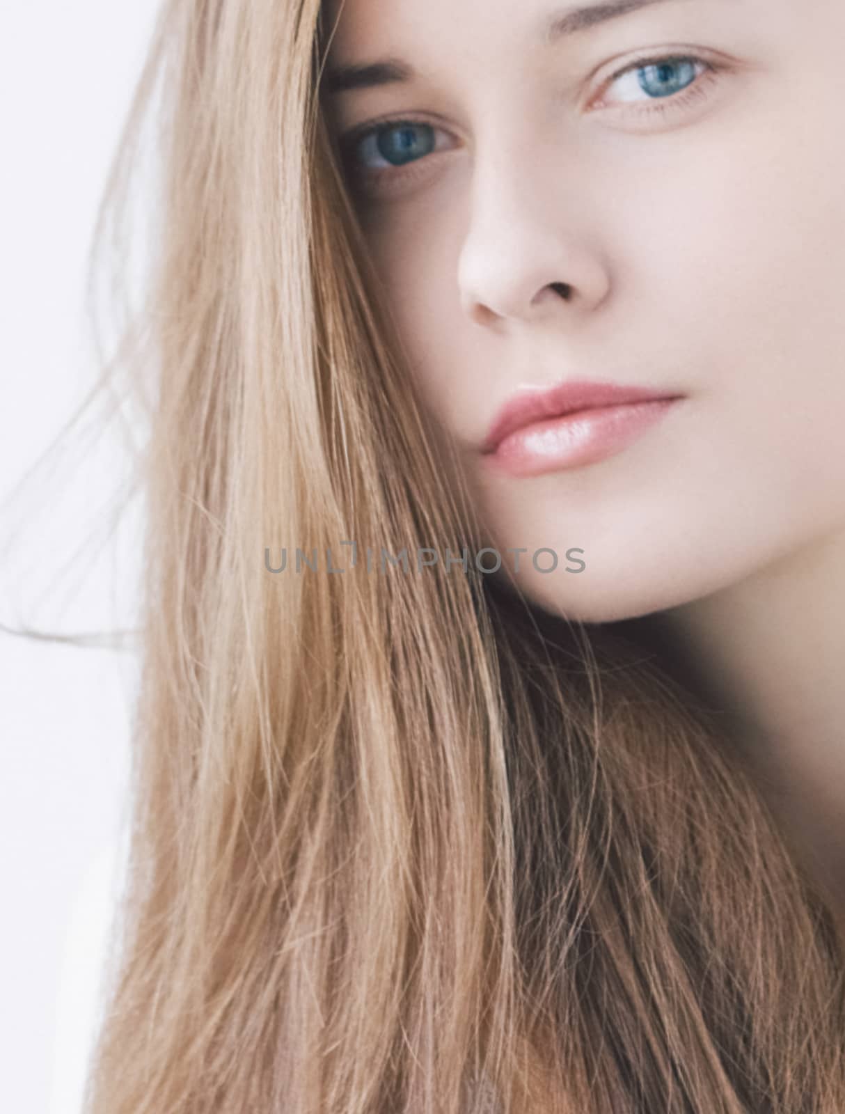 Charming woman as closeup beauty face portrait, young girl with  by Anneleven