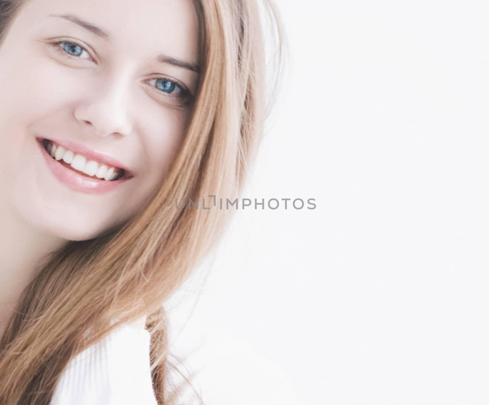 Positive beauty, closeup face portrait of young woman with long  by Anneleven