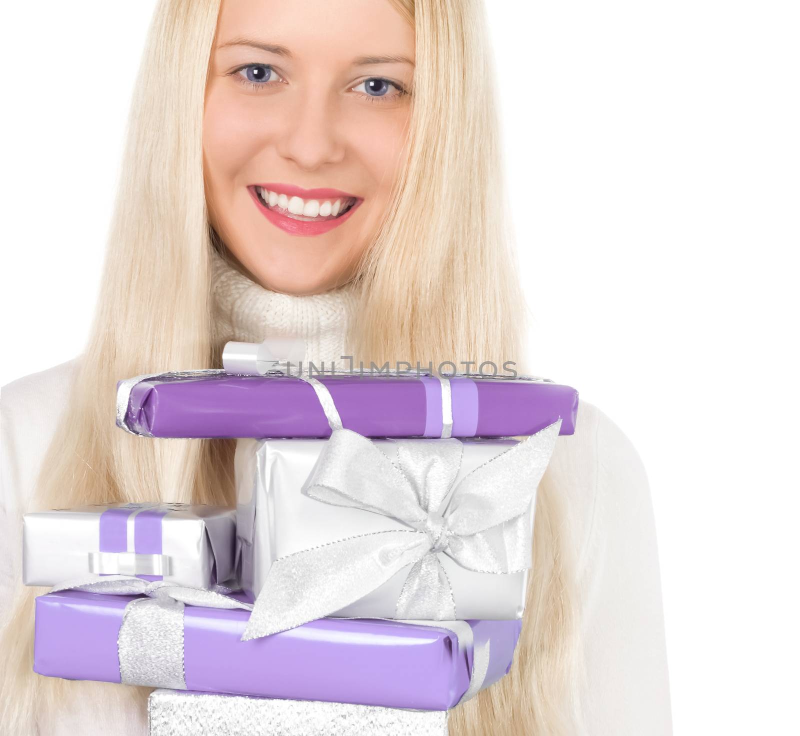 Young blonde girl with gift boxes in Christmas, woman and presents in winter season for shopping sale and holiday brands