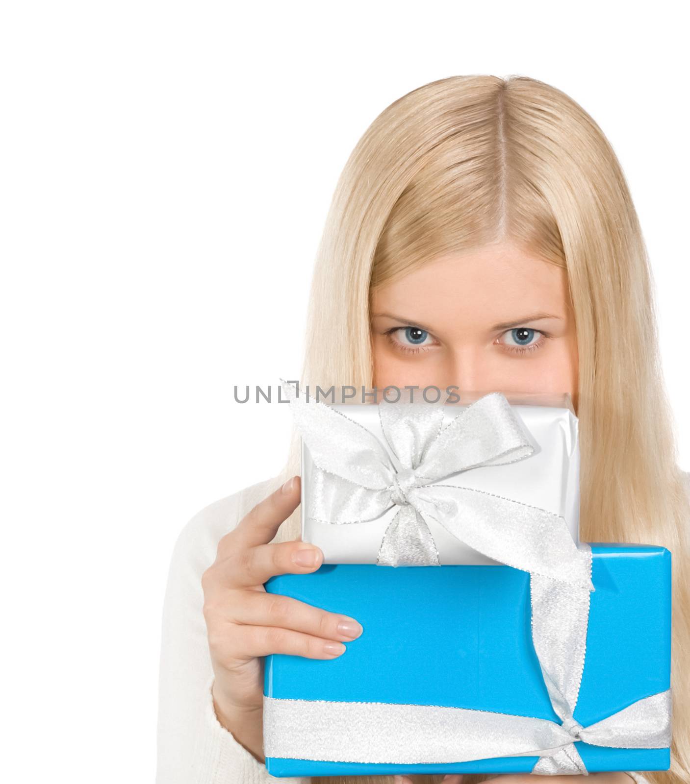 Smiling blonde girl with gift boxes in Christmas, woman and presents in winter season for shopping sale and holiday brands