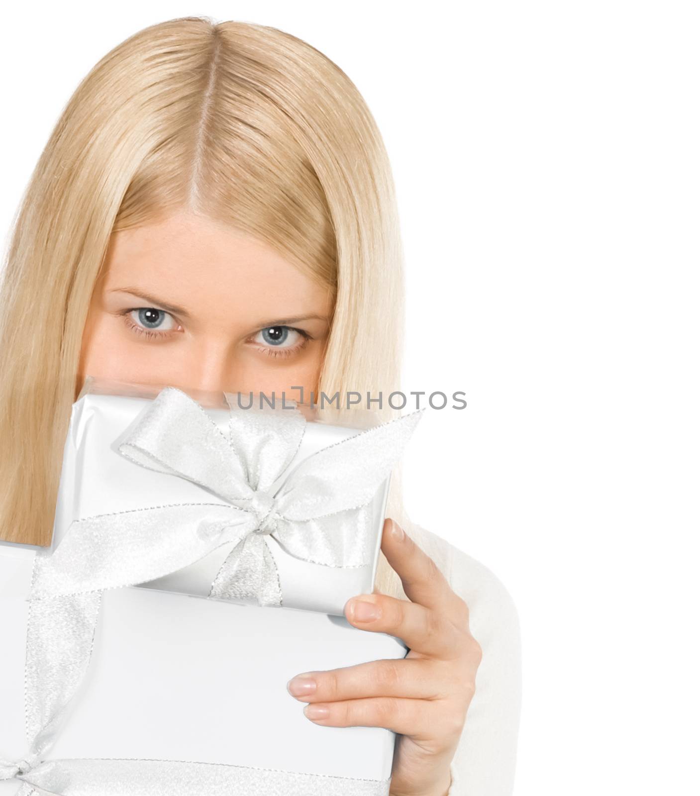Happy blonde girl with gift boxes in Christmas, woman and presen by Anneleven