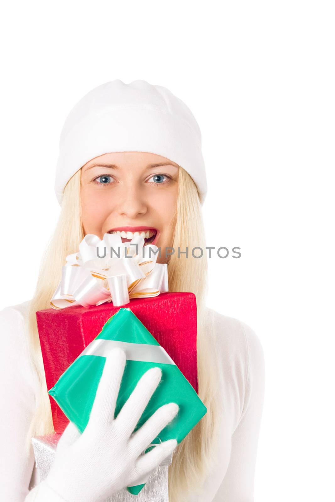 Smiling blonde girl with gift boxes in Christmas, woman and presents in winter season for shopping sale and holiday brands