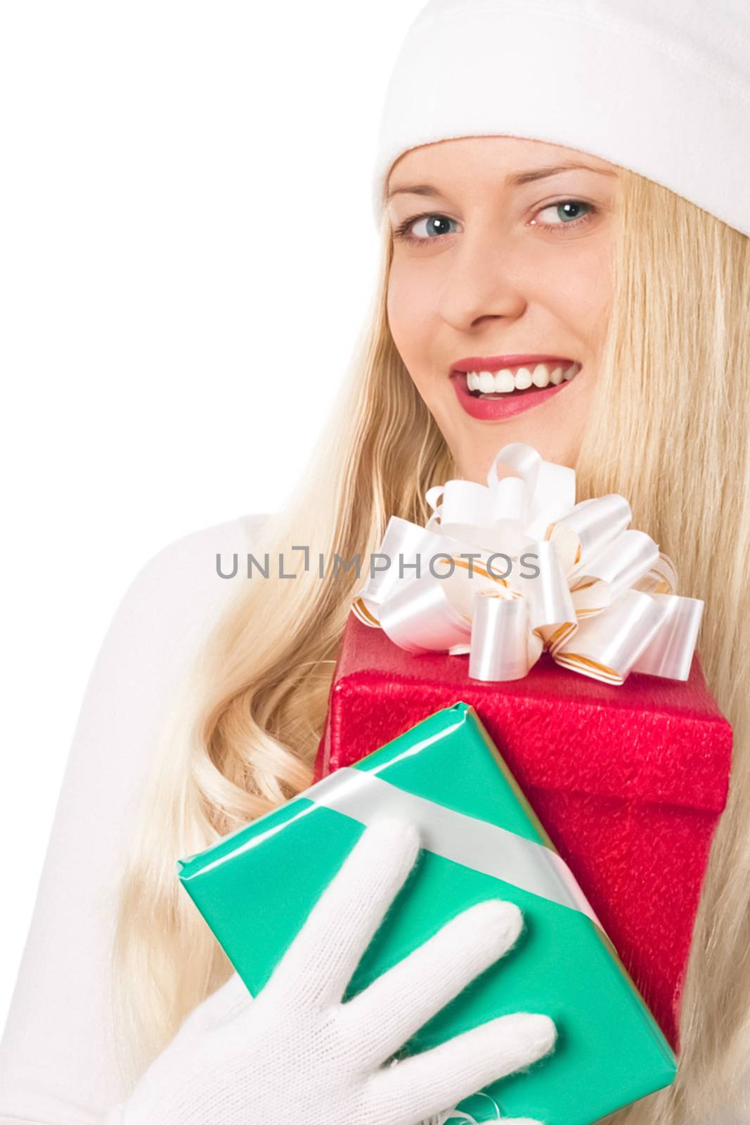 Young blonde girl with gift boxes in Christmas, woman and presents in winter season for shopping sale and holiday brands