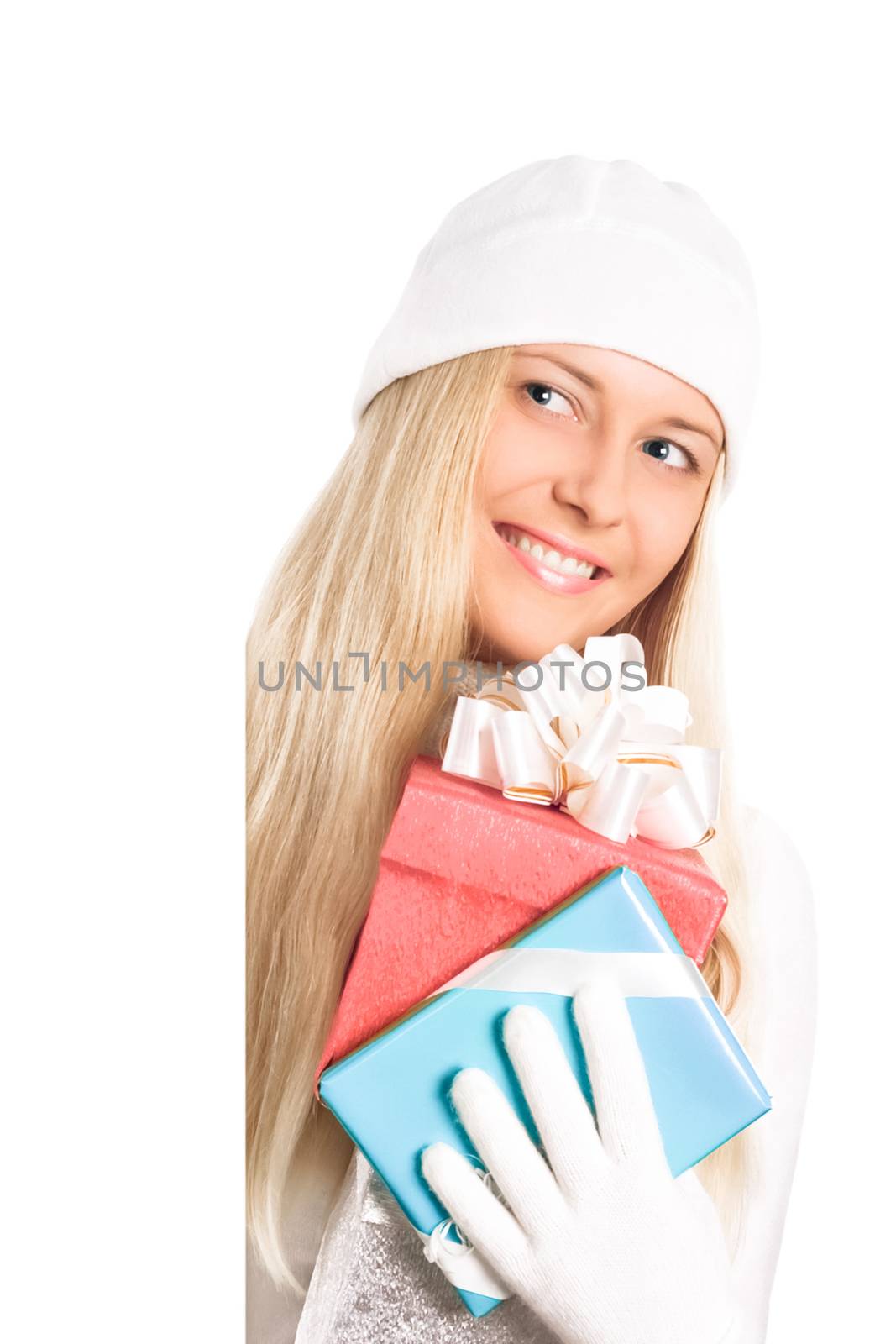 Smiling blonde girl with gift boxes in Christmas, woman and presents in winter season for shopping sale and holiday brands