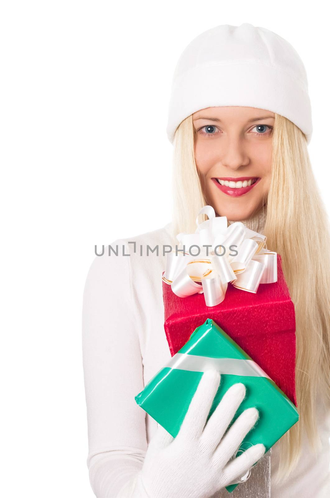 Cheerful blonde girl with gift boxes in Christmas, woman and pre by Anneleven
