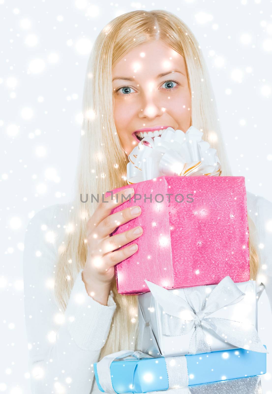 Happy Christmas and glitter snow background, happy blonde girl w by Anneleven