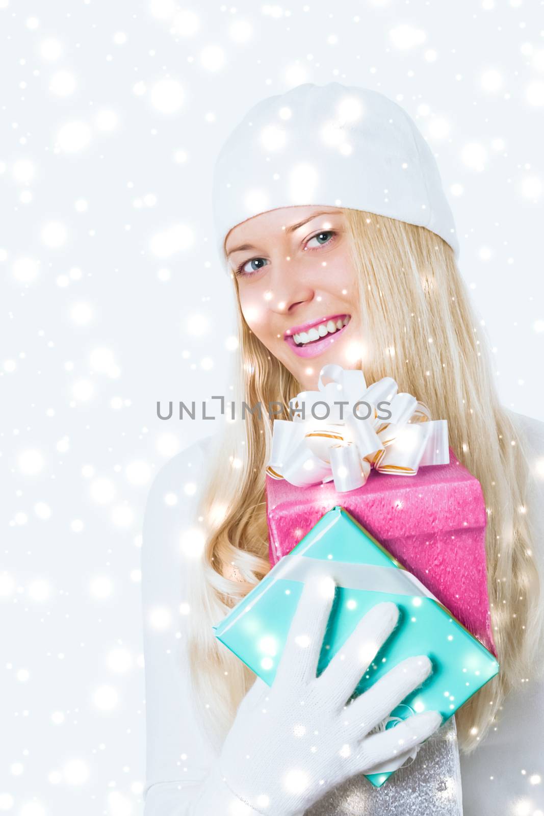 Merry Christmas and glitter snow background, happy blonde girl w by Anneleven