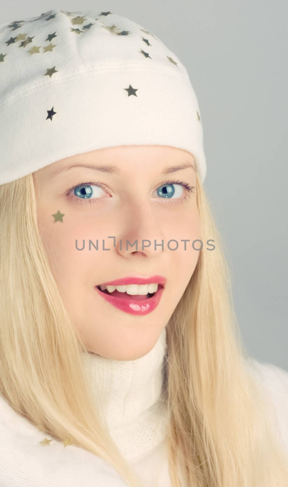 Happy blonde girl in Christmas time, woman with positive emotion by Anneleven