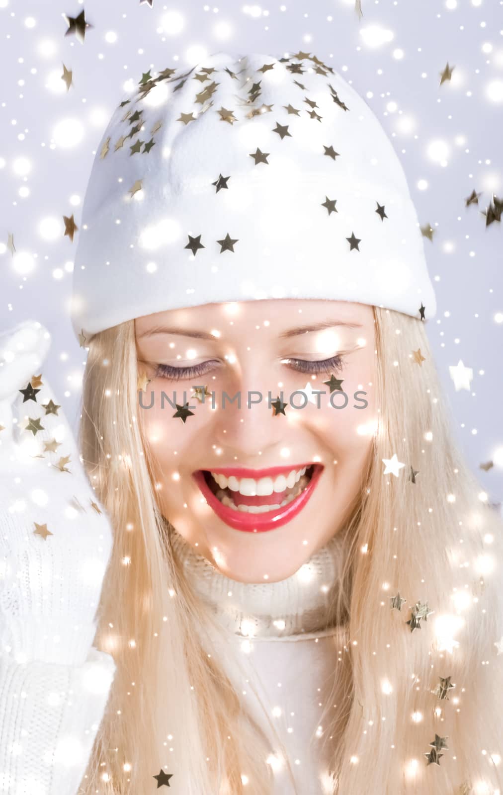 Magical Christmas and glitter snow background, blonde woman with positive emotion in winter season for shopping sale and holiday brands