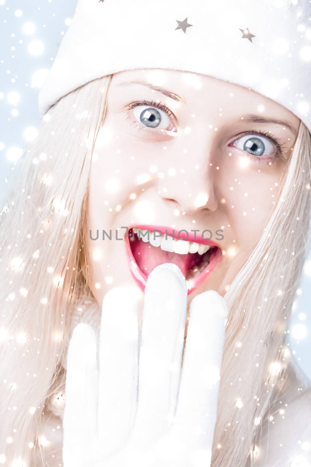 Happy Christmas and glitter snow background, blonde woman with p by Anneleven