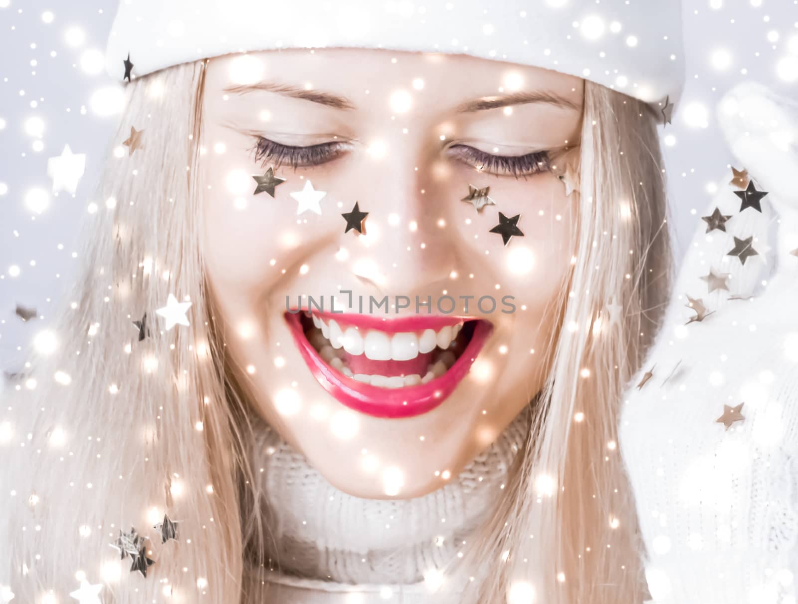 Shiny Christmas and glitter snow background, blonde woman with positive emotion in winter season for shopping sale and holiday brands