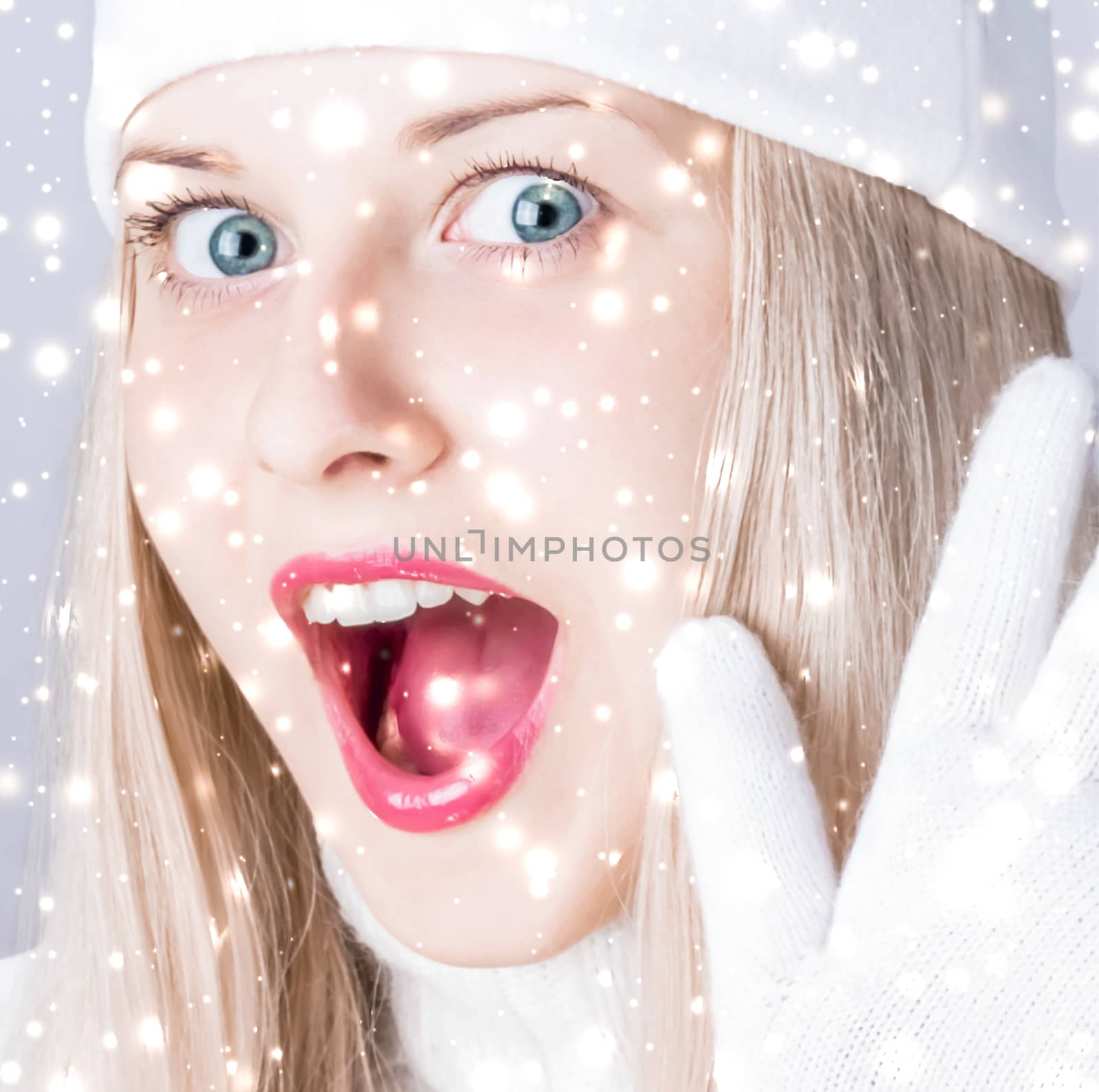 Happy Christmas and glitter snow background, blonde woman with positive emotion in winter season for shopping sale and holiday brands