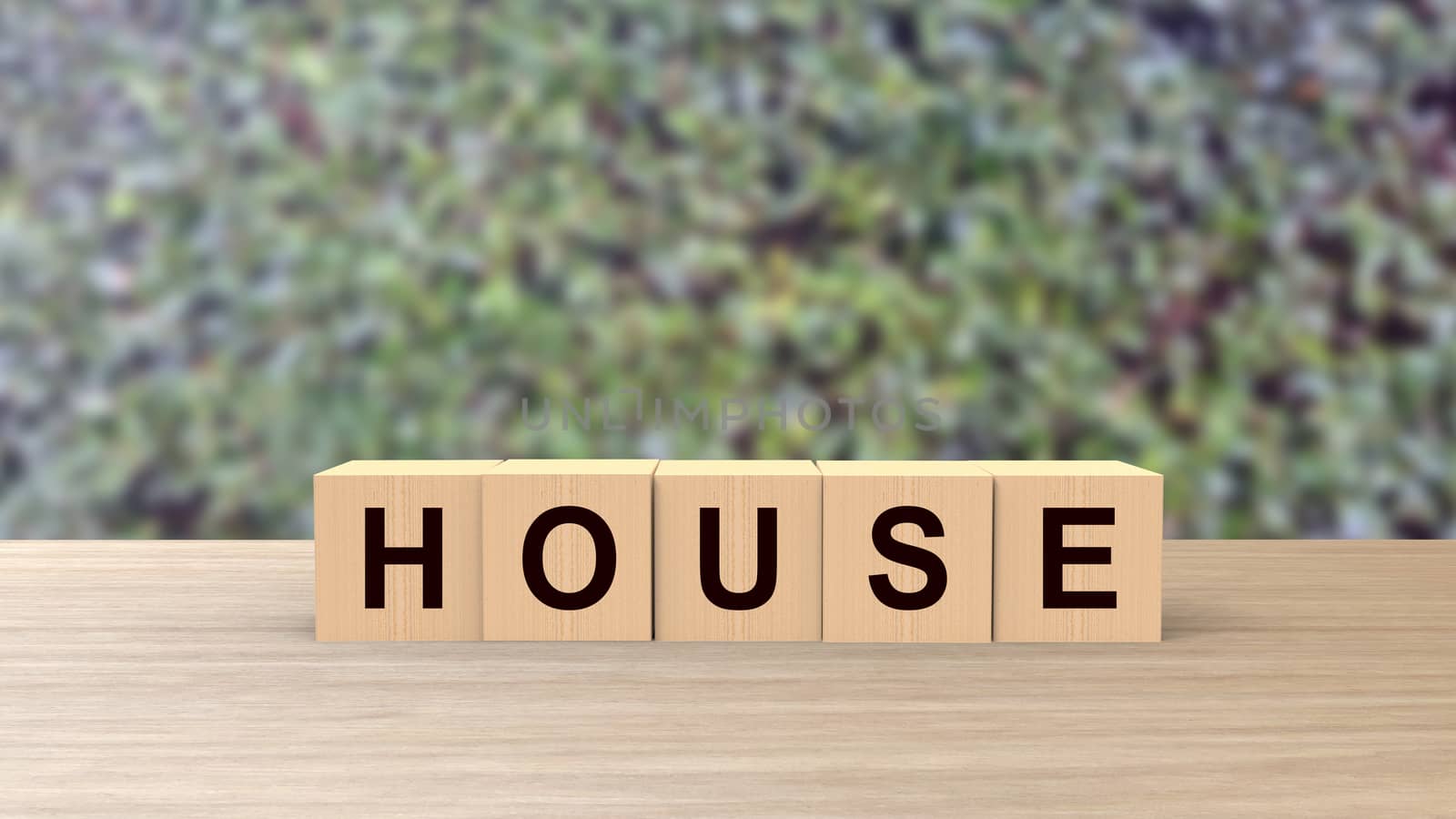 House word Wooden cubes on table horizontal over blur background with climbing green leaves, mock up, template, banner with copy space for text, find home, rent apartment, happy family