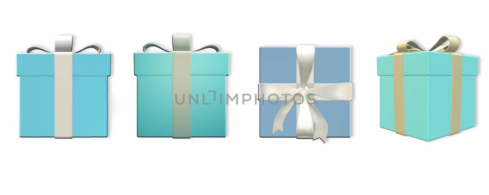 Holiday Christmas background with border of turquoise blue gift boxes with bow on white background, horizontal, 3D illustration