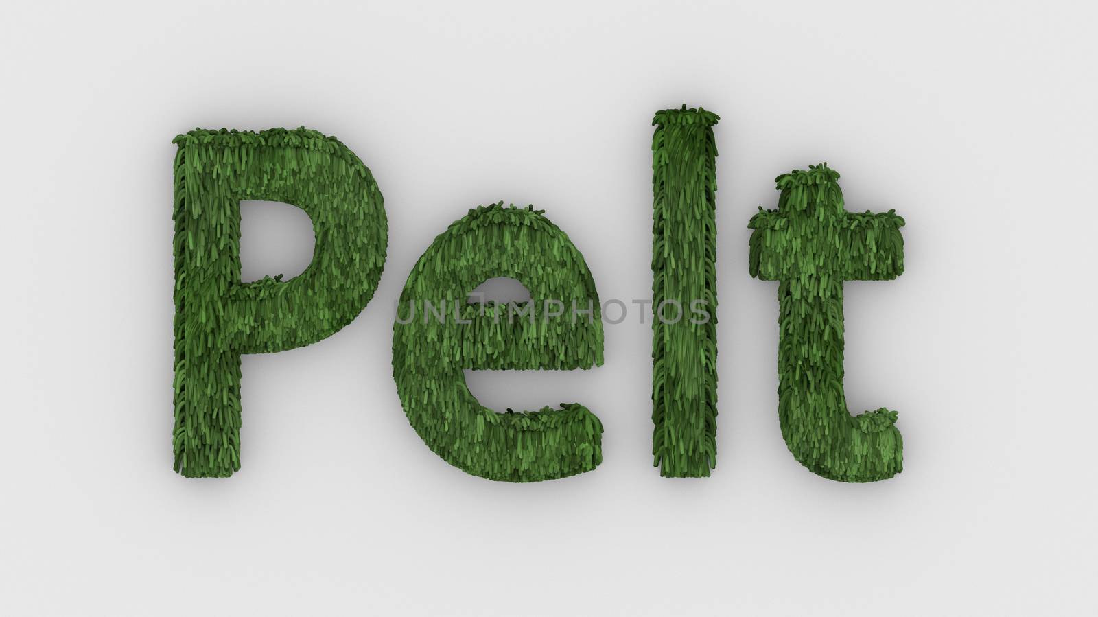 Pelt - green word 3d isolated on white background realistic render of furry letters illustration. natural combination fur. fur pelt. animal fur. dog, cat, bear, tiger, wolf, beast, livestock. animals