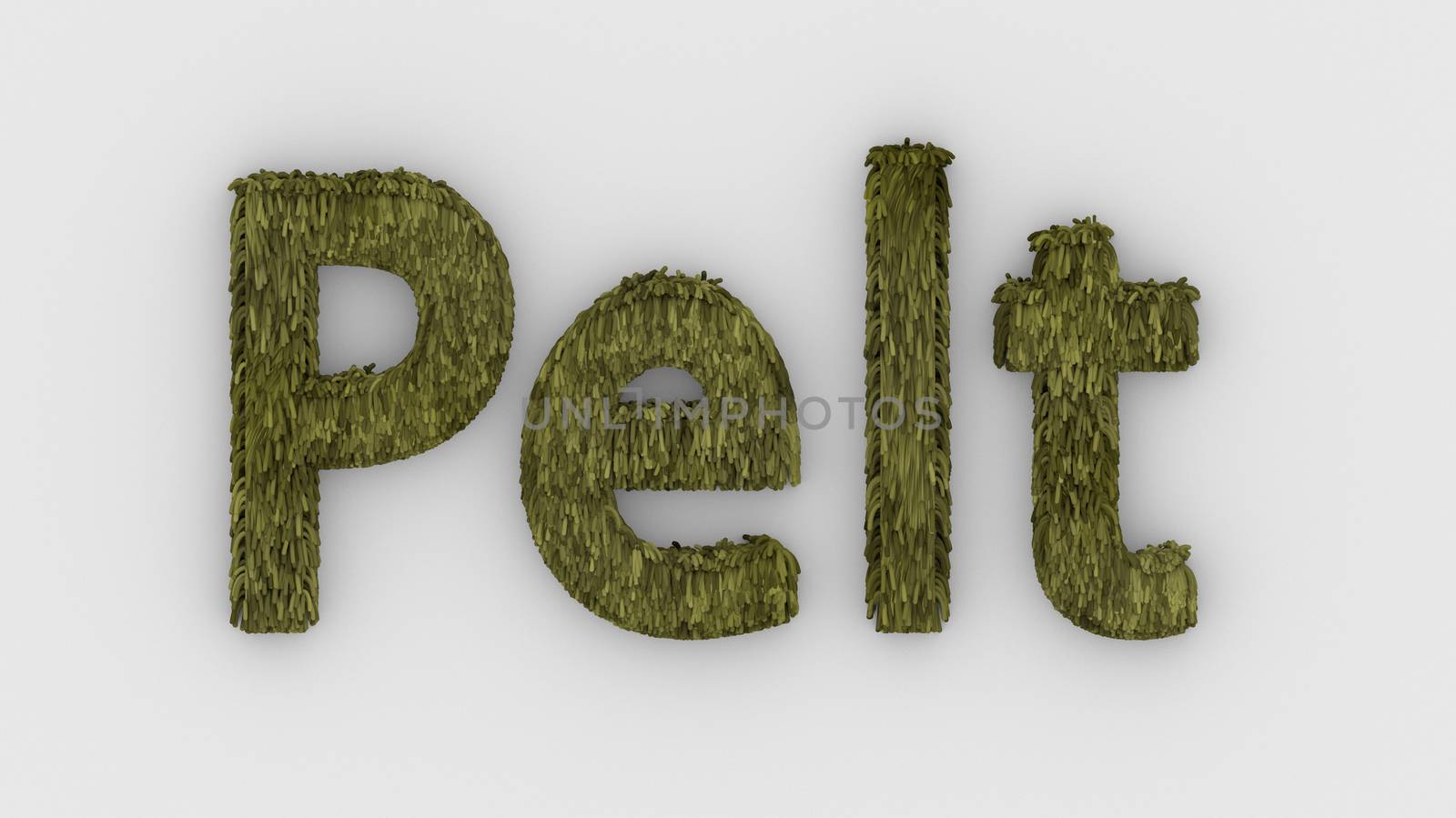 Pelt - yellow word 3d isolated on white background realistic render of furry letters illustration. natural combination fur. fur pelt. animal fur. dog, cat, bear, tiger, wolf, beast, livestock. animals