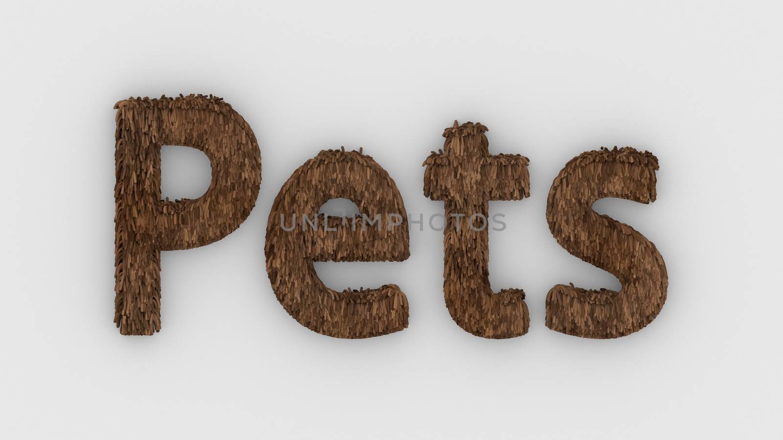 Pets - 3d word brown on white background. render of furry letters. pets fur. Pet shop, pet house, pet care emblem logo design template. Veterinary clinics and animal shelters homeless illustration