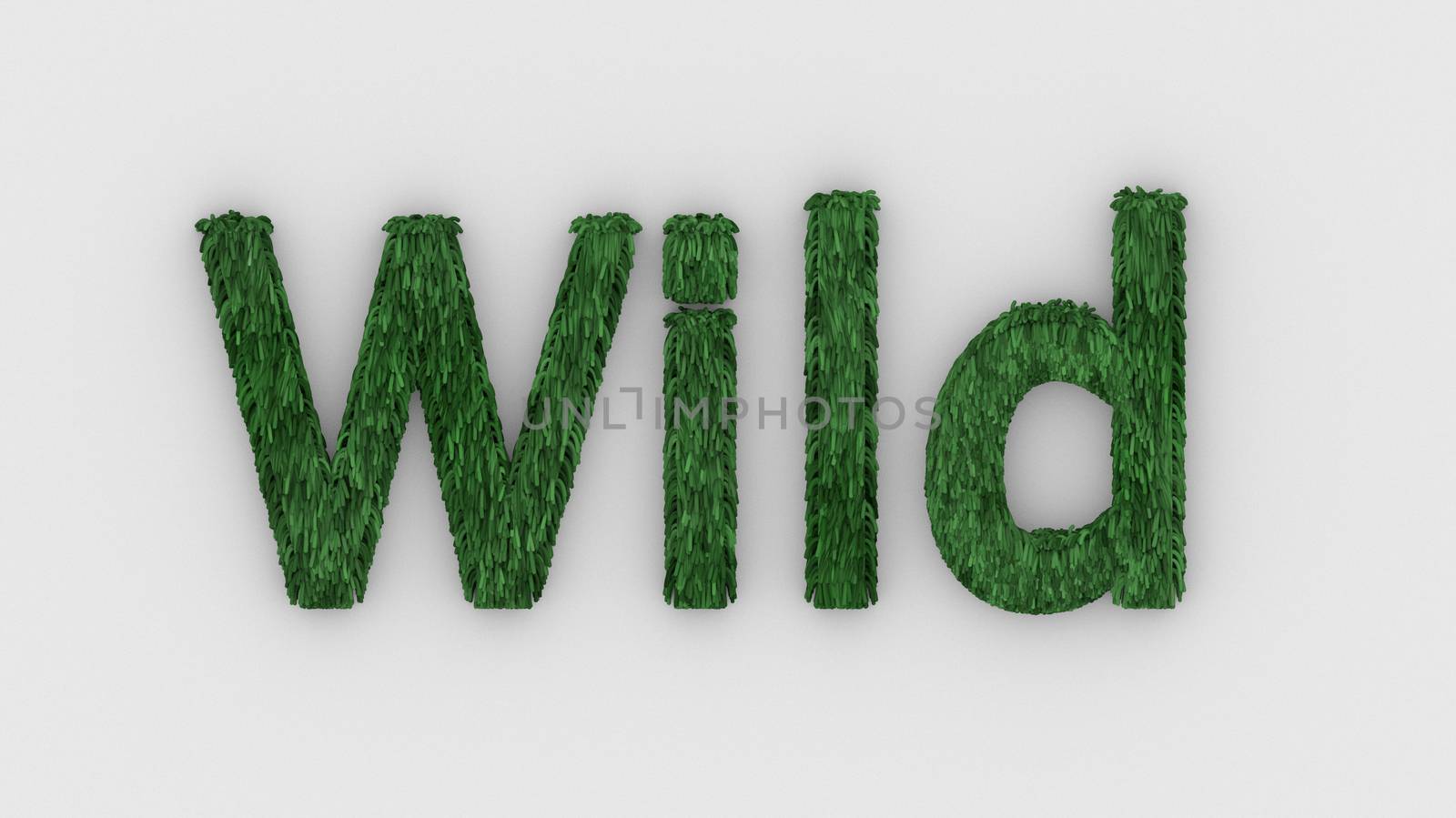 Wild - 3d word green on white background. render furry letters. hair. wilds fur. emblem logo design template. wild animals, feeling and relationships. beasts of nature