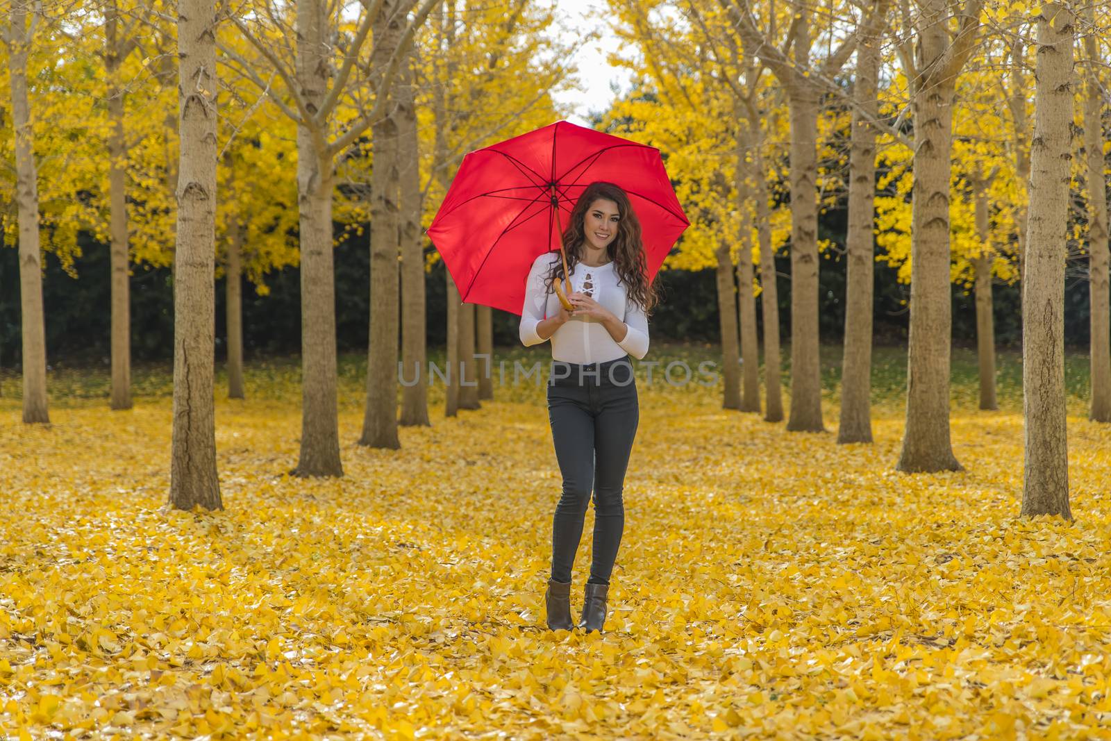 A beautiful brunette model with yellow fall foliage