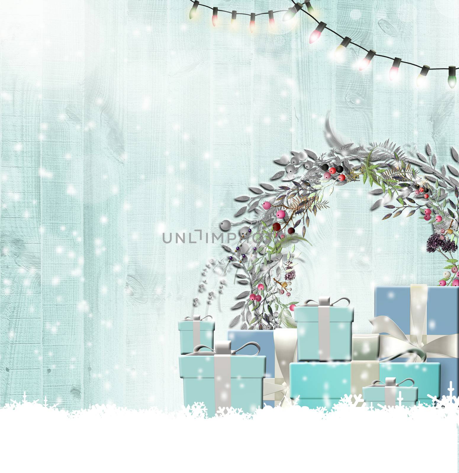 Christmas New Year wooden background of turquoise blue Christmas gift boxes, floral wreath, string of lights on blue wooden background with snow. Place for text, 3D render.