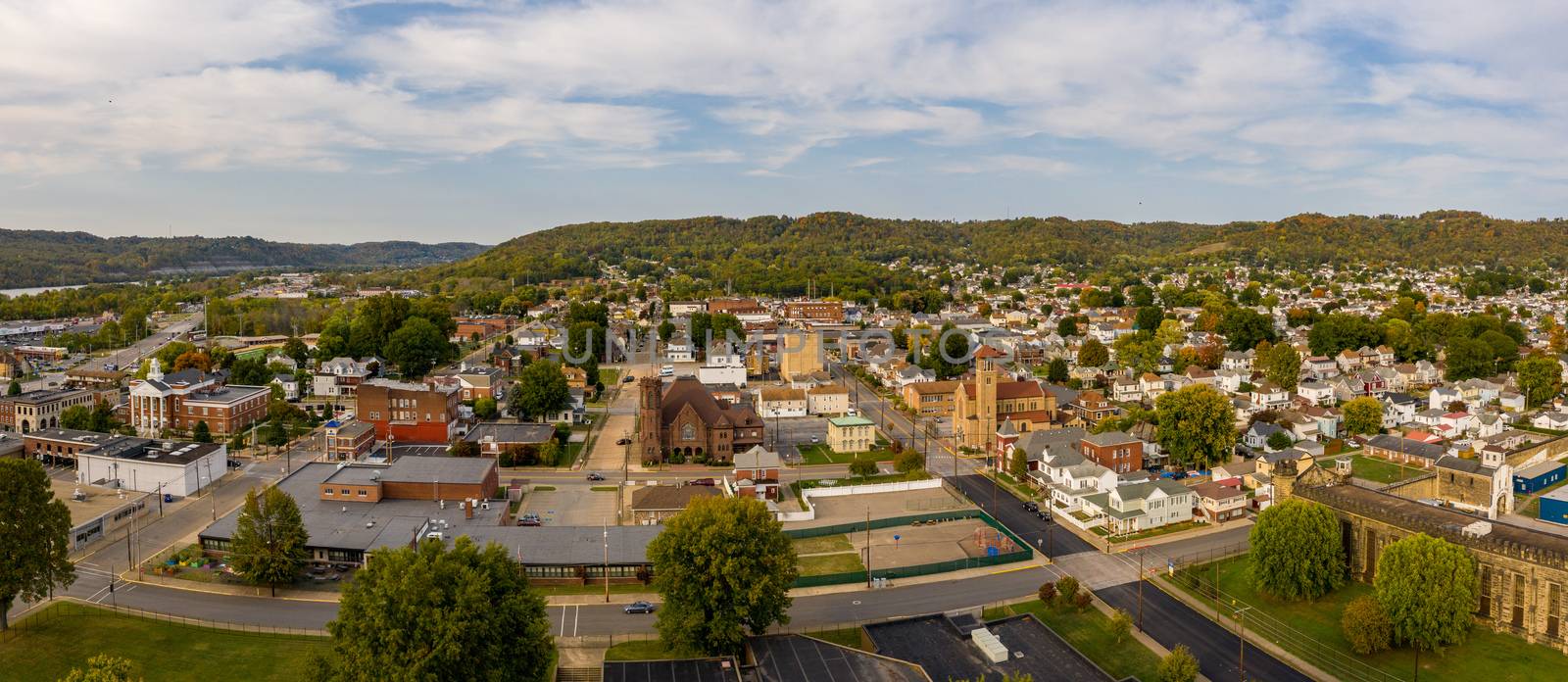 Moundsville, WV - 9 October 2020: Aerial drone panorama of the downtown area of the city in Moundsville, West Virginia