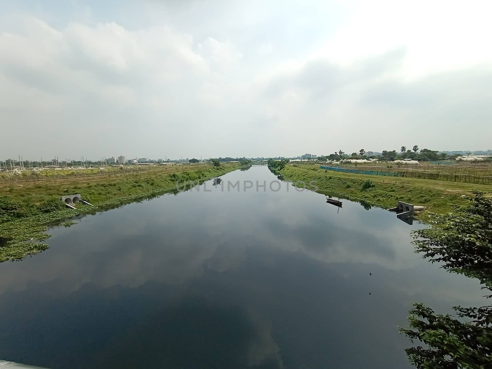 river and green view with sky and water