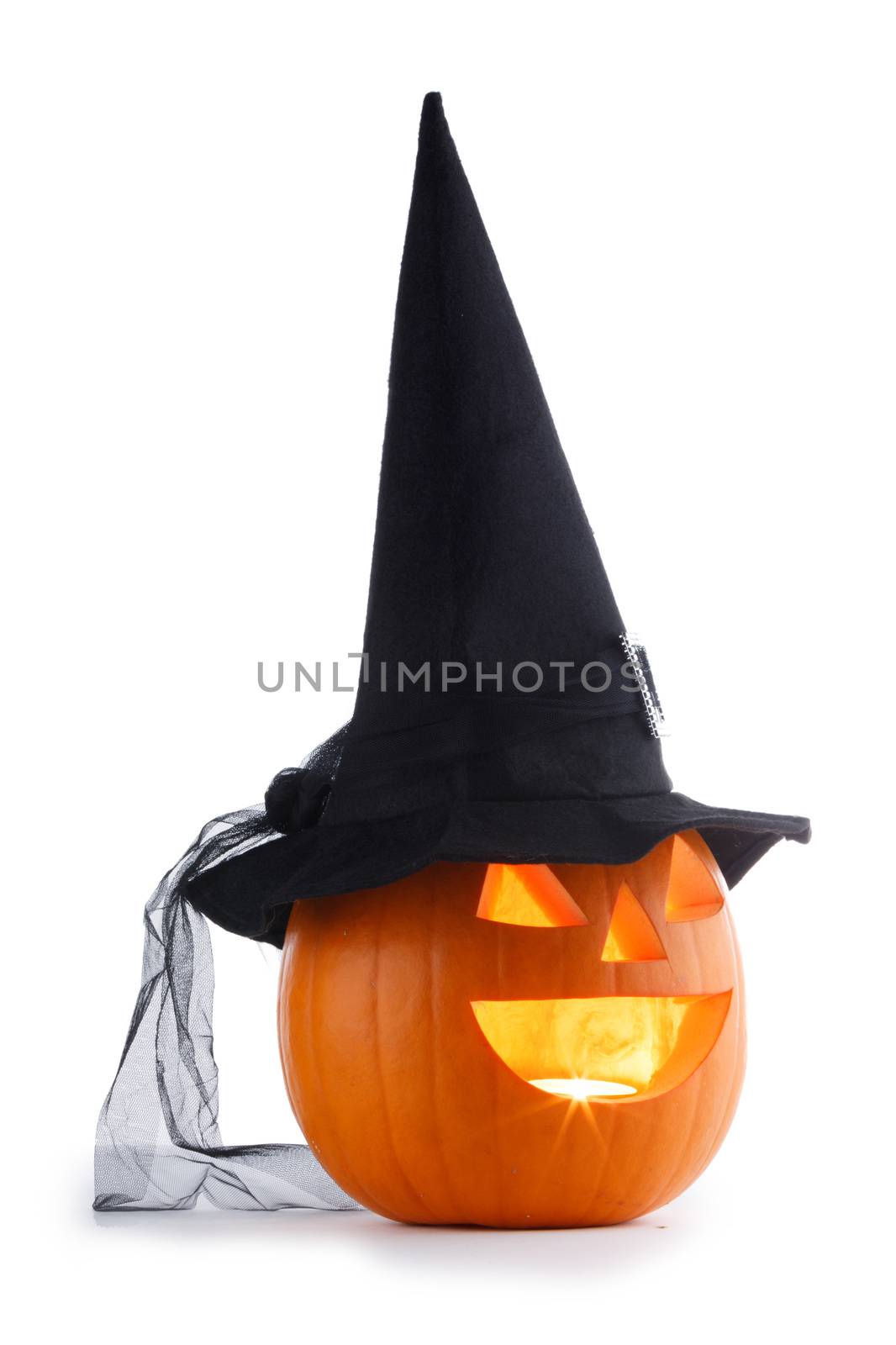 Jack O Lantern Halloween pumpkin with witches hat isolated on white background