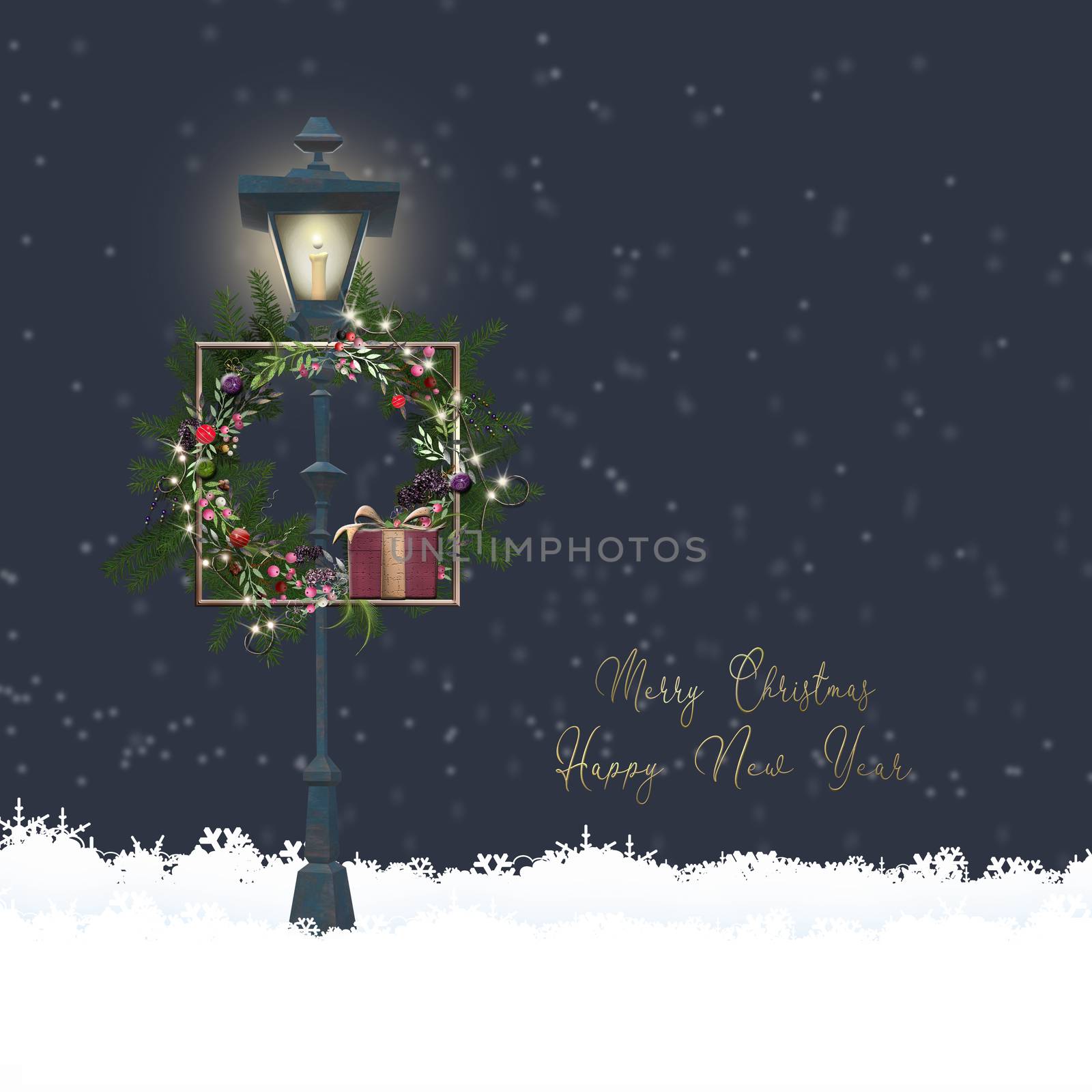 Christmas New Year magic night background Christmas floral wreath on street light on dark blue background with snow. Gold text Merry Christmas Happy New year. Place for text, 3D Illustration.