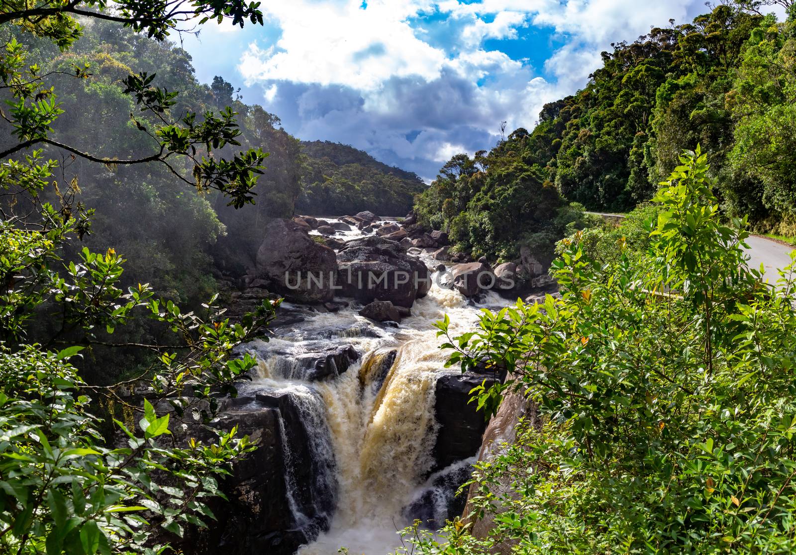 The boiling river with a waterfall in the rainforest