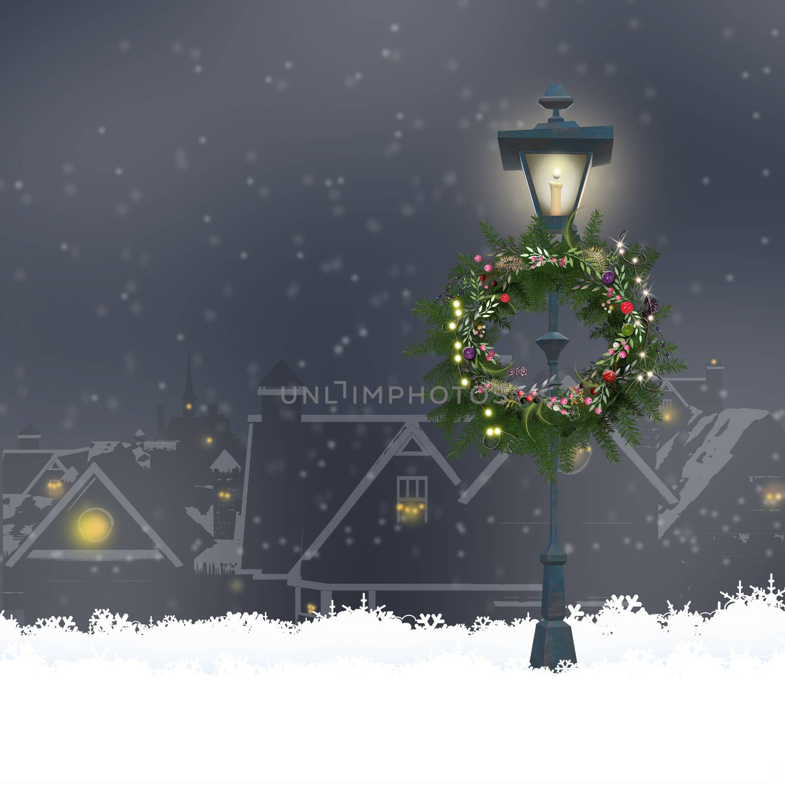 Christmas magic winter night cityscape with old town, luminous street lantern, floral wreath, snow flakes in 3D illustration