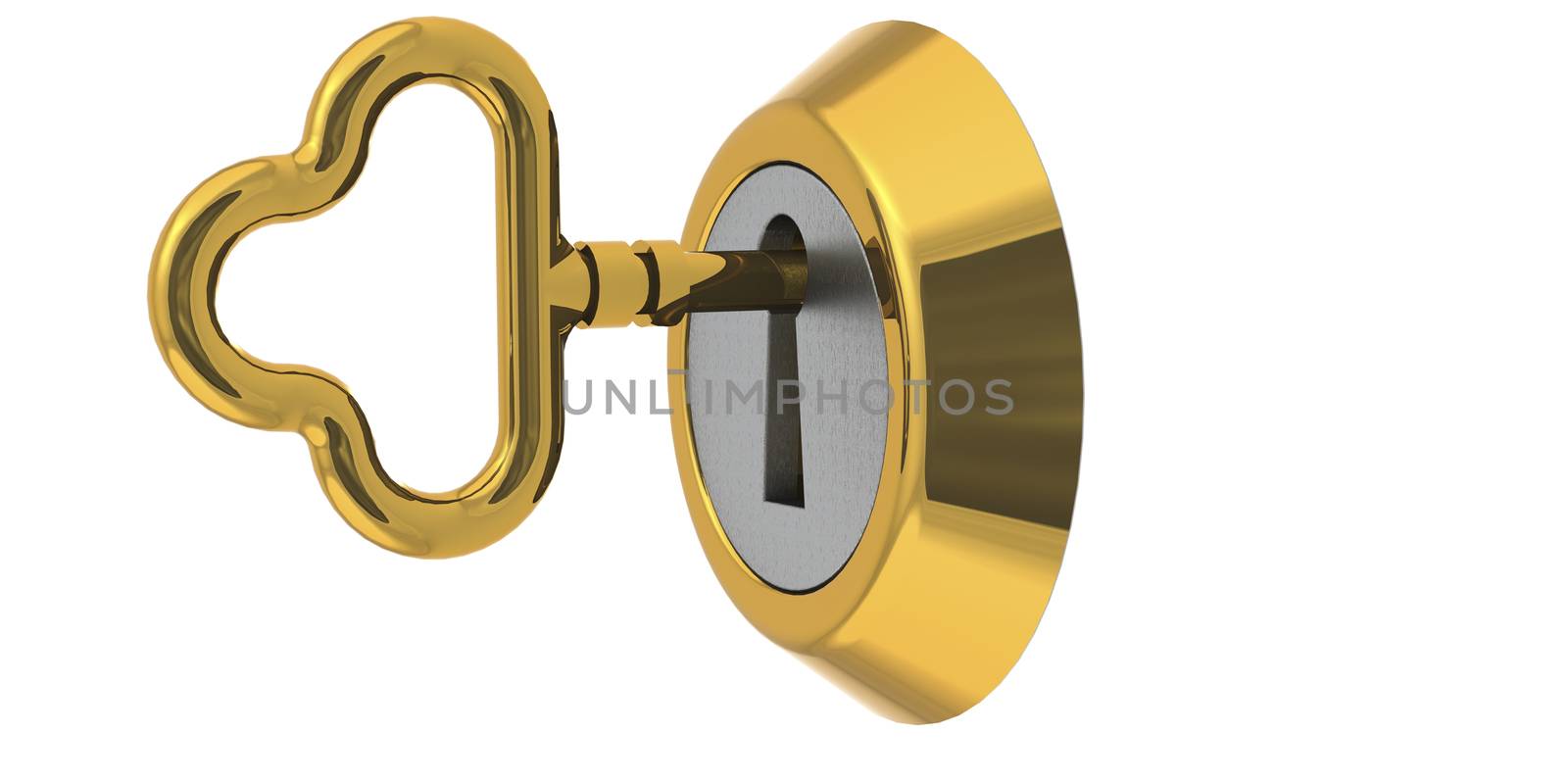 Golden key to unlock isolated, 3d rendering