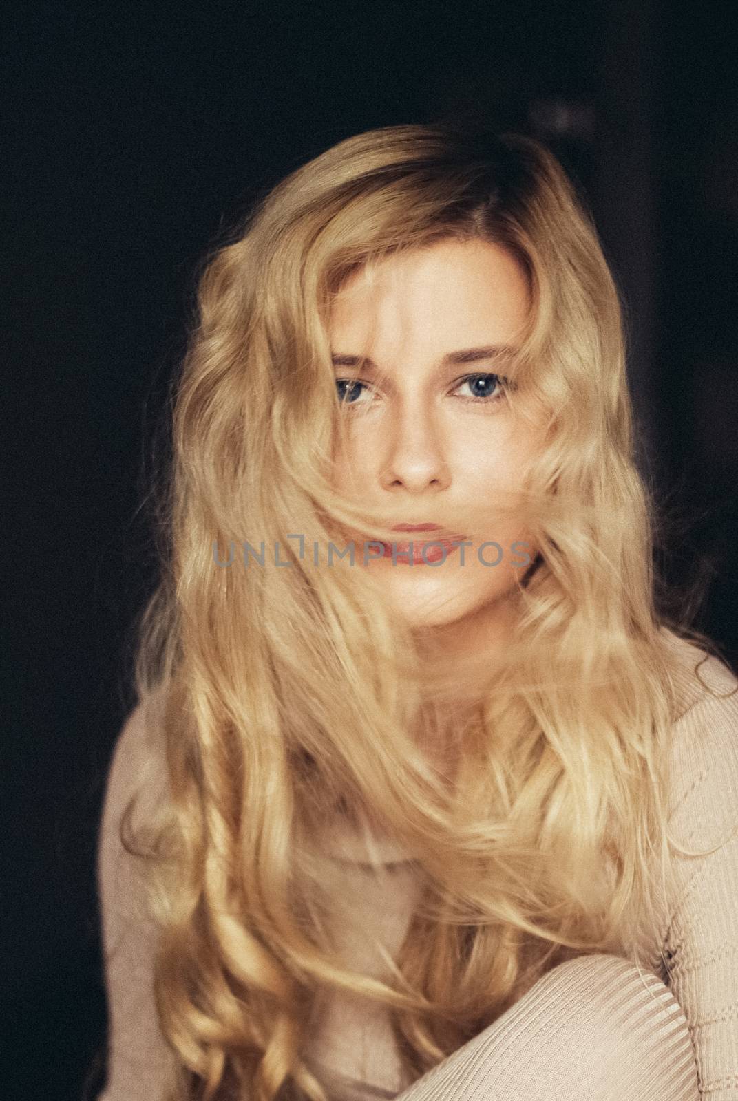 Beauty portrait of young woman, long blonde hairstyle and natural makeup look, cosmetics and 90s style fashion brand campaign