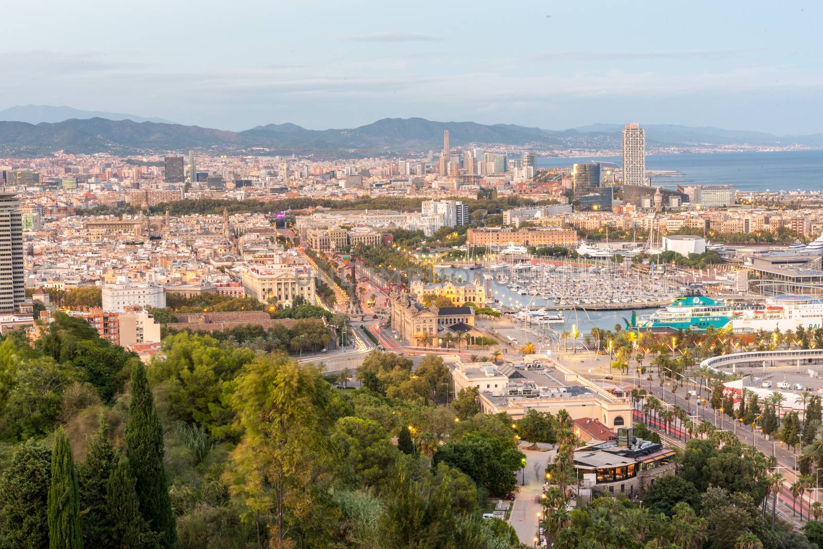 Barcelona, Spain : 2020 September 26 : Cityscape in the Port of Barcelona from Montjuic in Summer 2020.