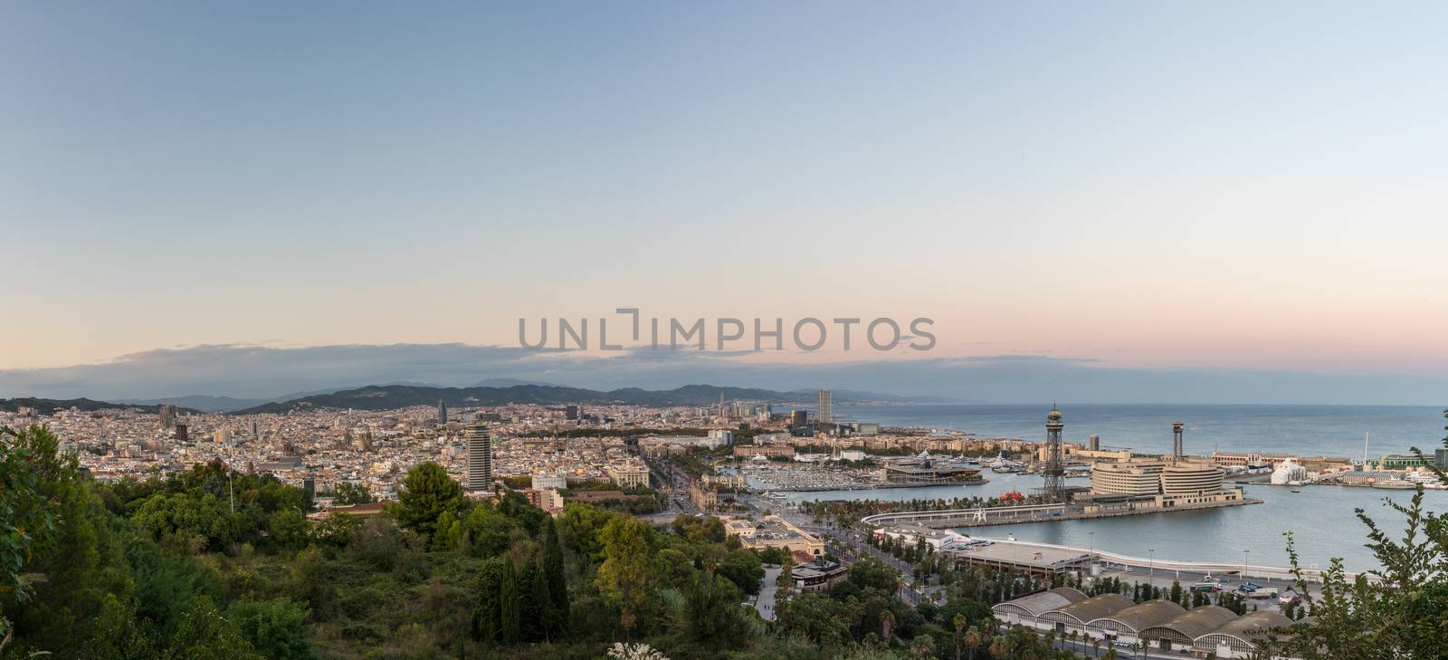 Barcelona, Spain : 2020 September 26 : Cityscape in the Port of Barcelona from Montjuic in Summer 2020.