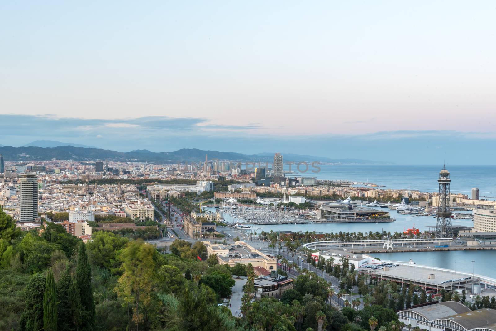 Barcelona, Spain : 2020 September 26 : Cityscape in the Port of Barcelona from Montjuic in Summer 2020.