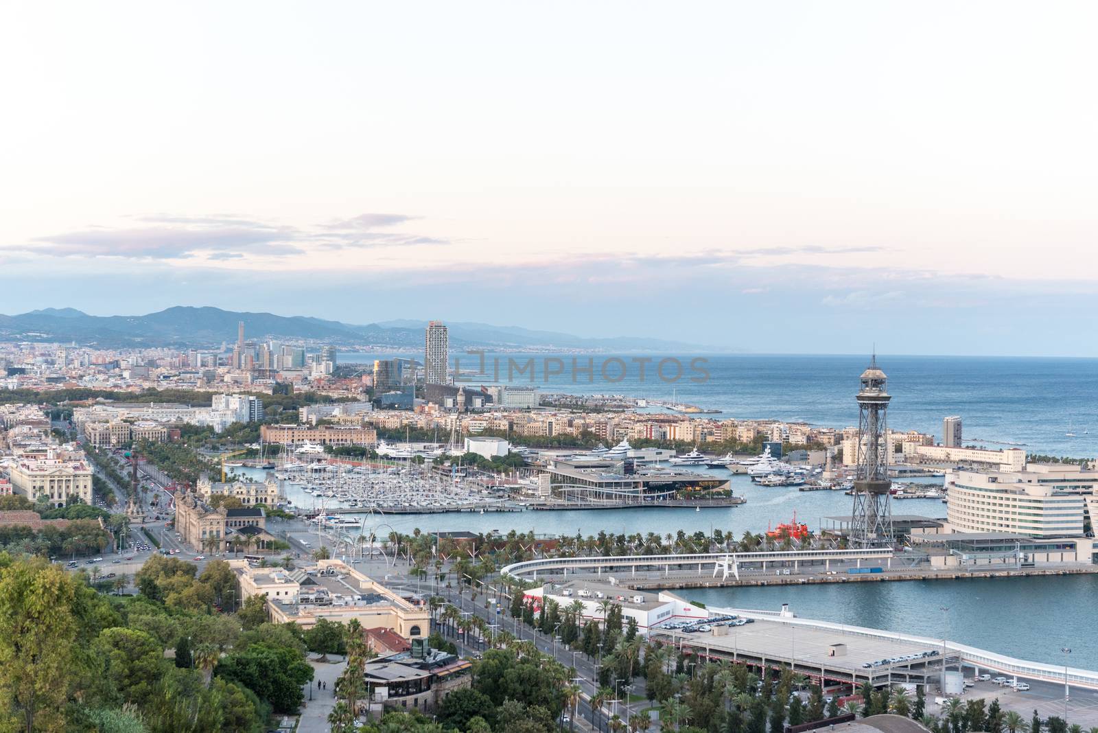 Barcelona, Spain : 2020 September 26 : Cityscape in the Port of Barcelona from Montjuic in Summer 2020.