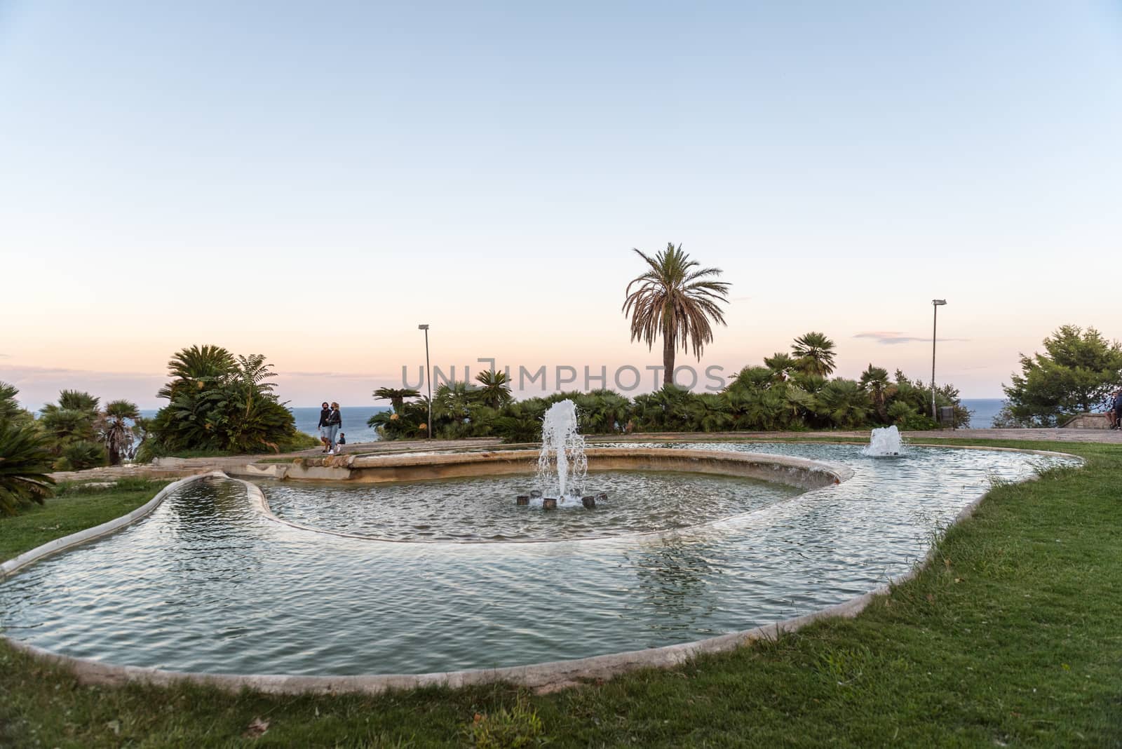 BARCELONA, SPAIN - september 26, 2020: It is a cascade fountain in the Jardins del Mirador Park on Mount Montjuic.