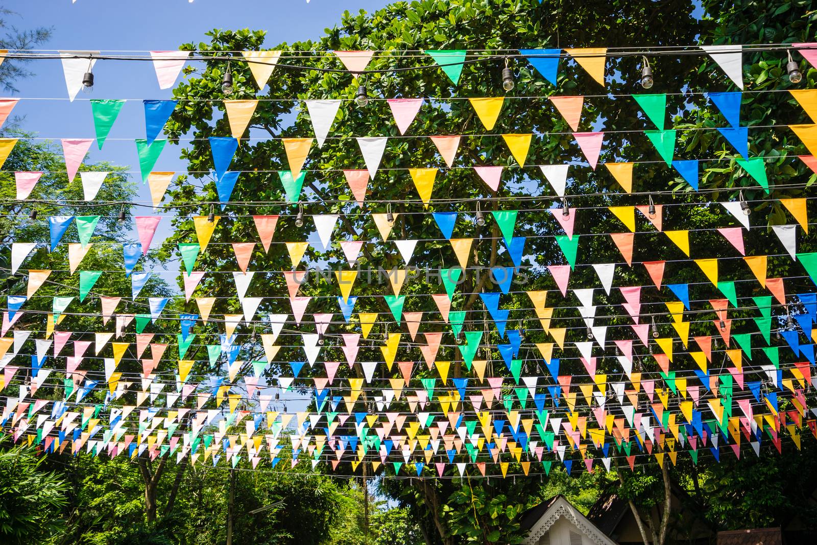 Multi colored triangular Flags Hanging in the sky on outdoor road at celebration party
