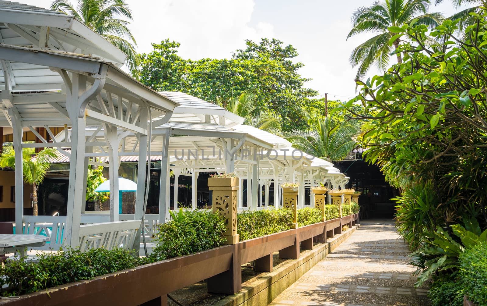 white pavilion and footpath in a tropical resort