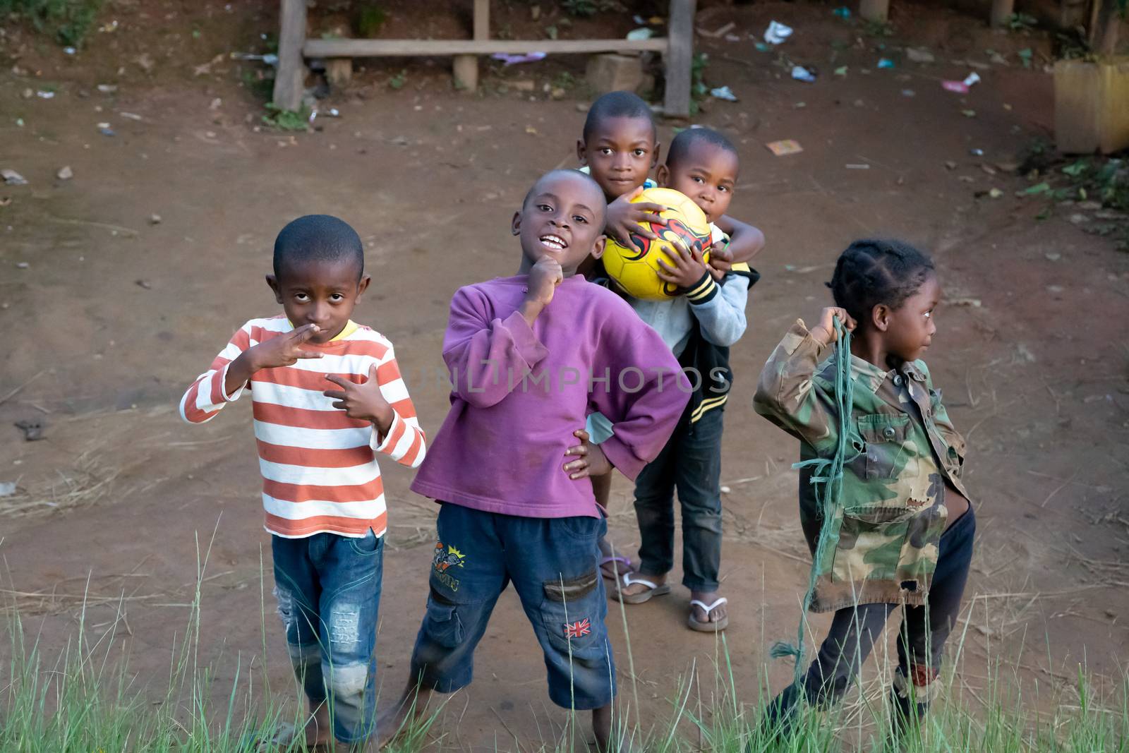 The children pose on the roadside in Madagascar