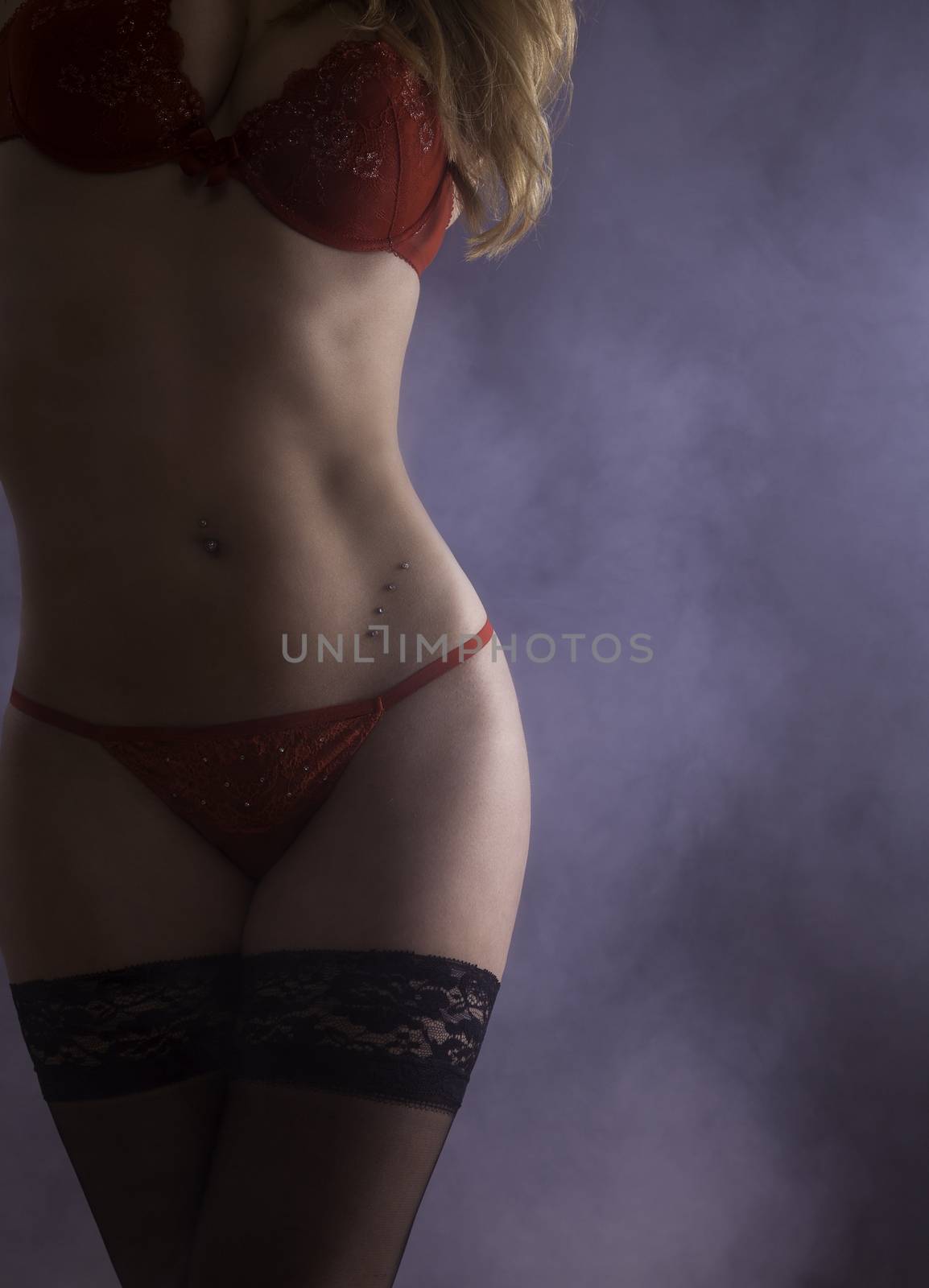 body of a woman in red lingerie and black stockings by 25ehaag6